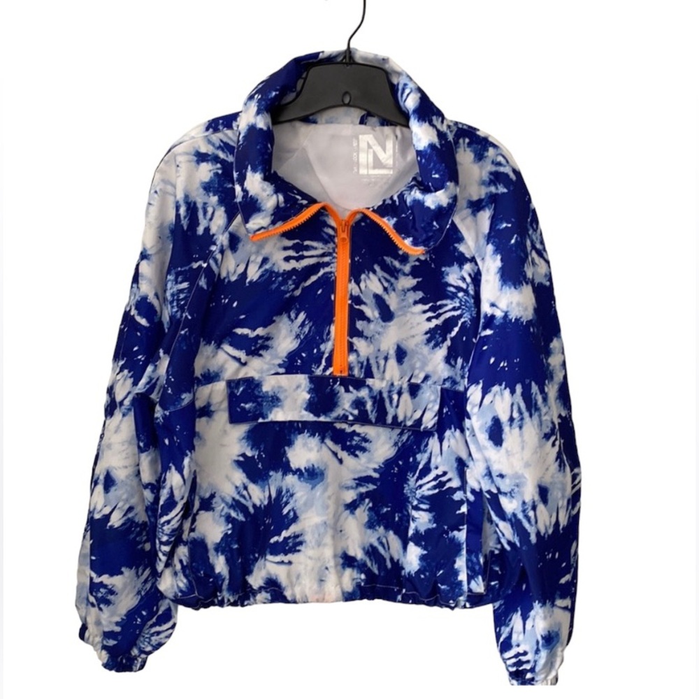 New Look Sport Windbreaker. Blue and White Tie-Dye Print. Size Large
